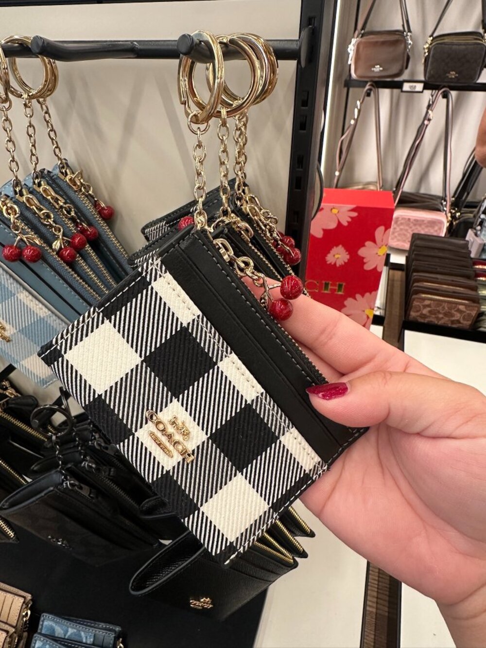 NWT! Coach CFA31 Mini Skinny ID Case With Gingham Print  & Charm In Black Multi